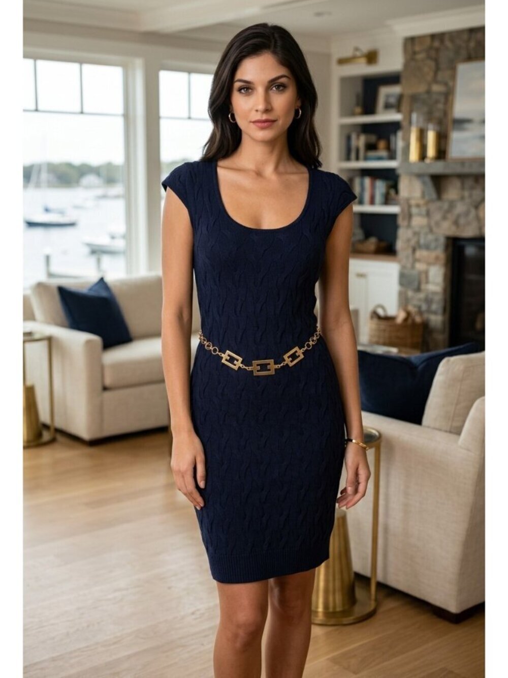 MILLY NAVY CABLE KNIT CHAIN SWEATER DRESS